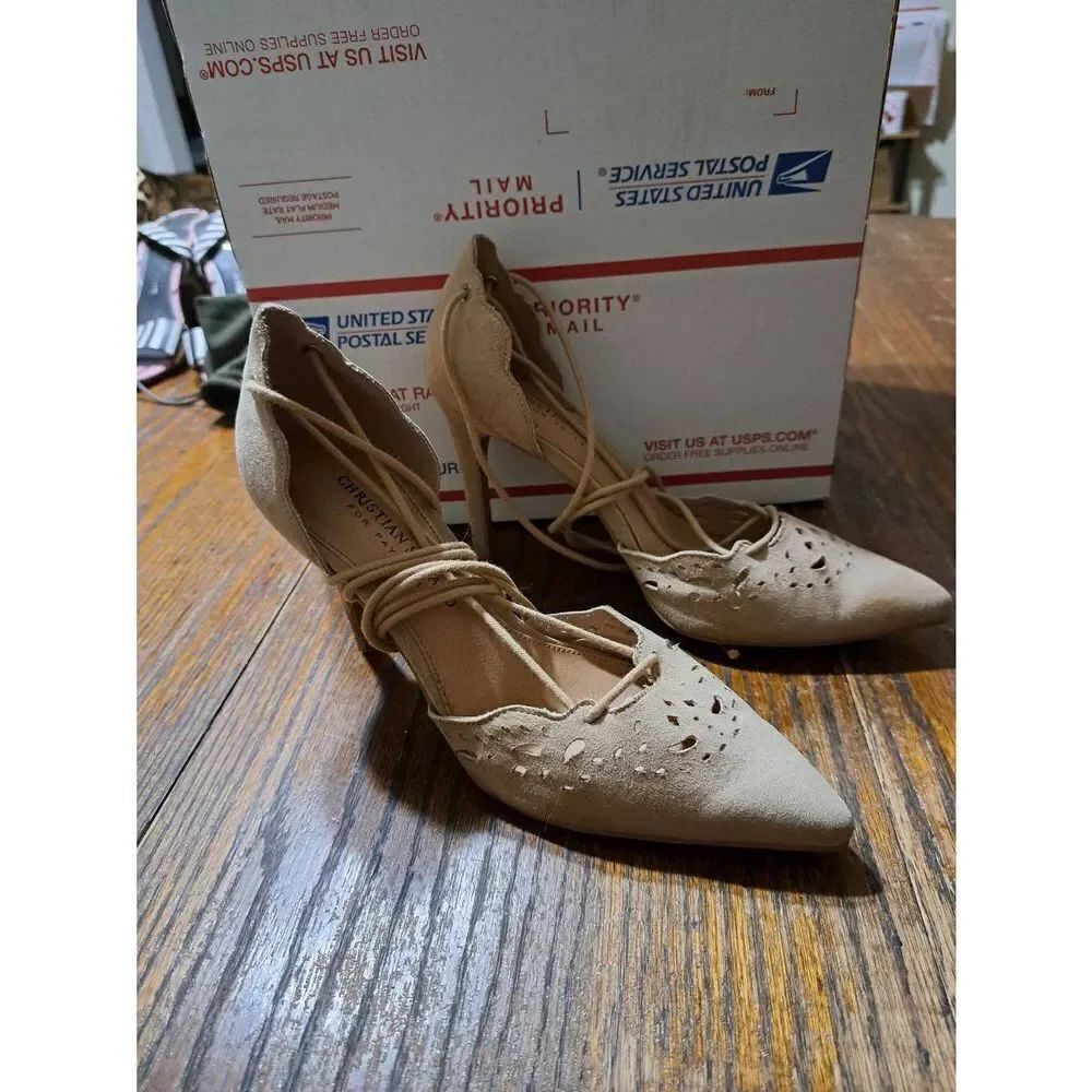 6.5 Christian Siriano Tan Lace Up Pointed Toe Stiletto High Heel Pump Dress Shoe